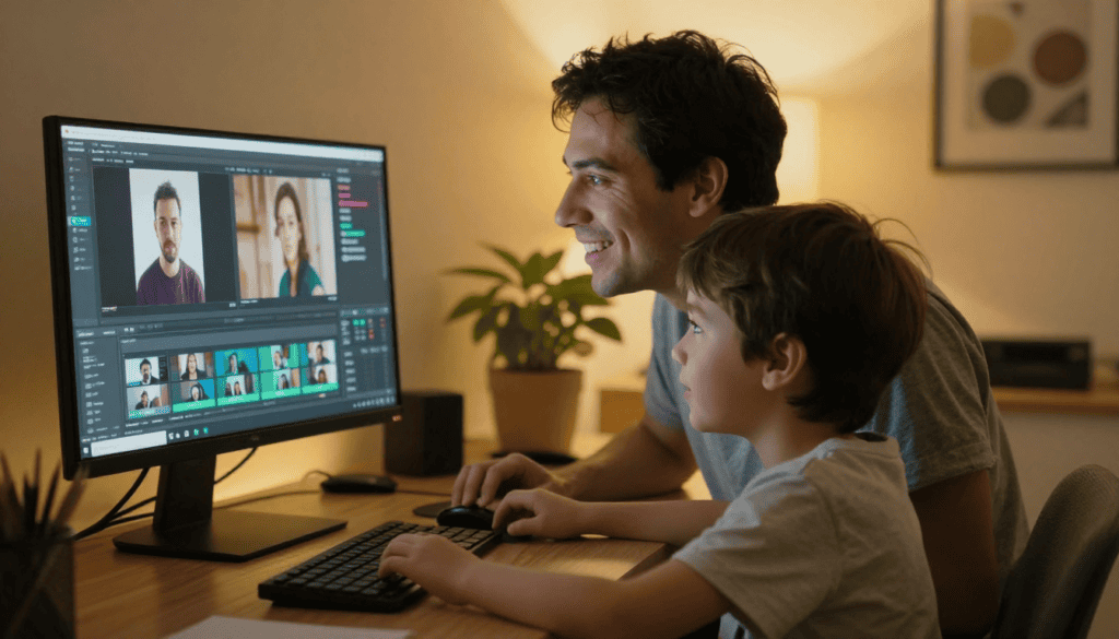 Un padre y su hijo sonriendo frente a la pantalla de la computadora mientras revisan un software de edición de video con clips listos para YouTube.